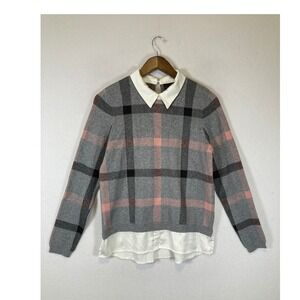 Preppy Tahari Women‎ Medium Grey Pink Plaid Layered Look Collared Sweater
